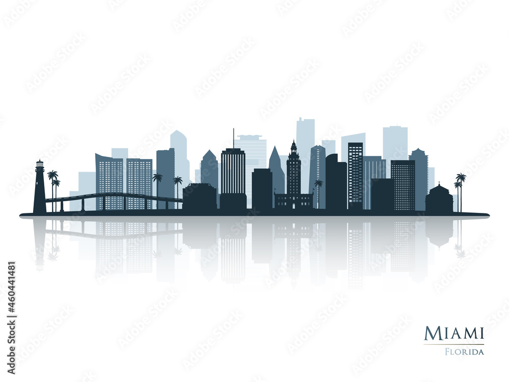 Miami skyline silhouette with reflection. Landscape Miami, Florida. Vector illustration.