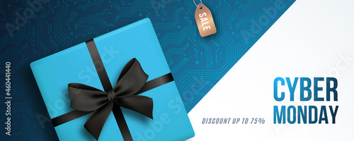 Cyber monday horizontal banner. Sale banner for seasonal discounts. Realistic blue gift box with silk black bow. Stock vector illustration.
