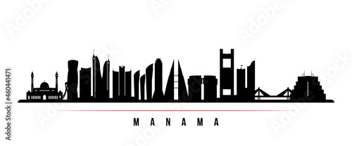 Manama skyline horizontal banner. Black and white silhouette of Manama  Bahrain. Vector template for your design.