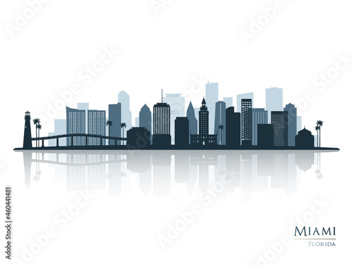 Miami skyline silhouette with reflection. Landscape Miami, Florida. Vector illustration.