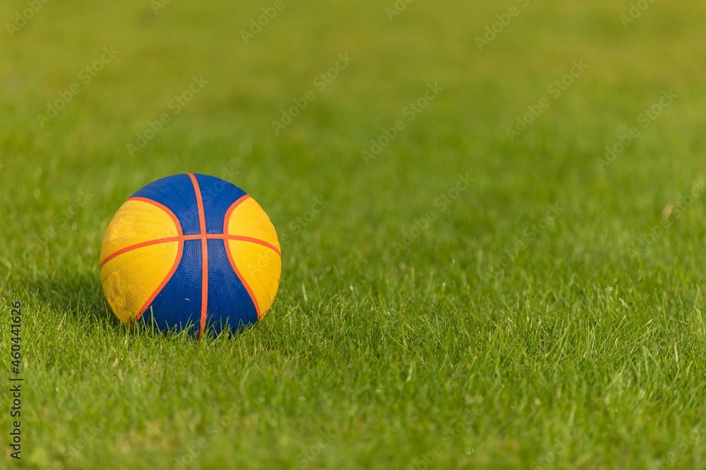 Basketball ball on the grass. Basketball ball waiting for children. Outdoor kids playground. Basketball ball on the grass. Basketball ball waiting for children. Outdoor kids playground.