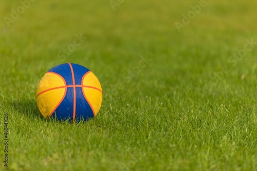 Basketball ball on the grass. Basketball ball waiting for children. Outdoor kids playground.