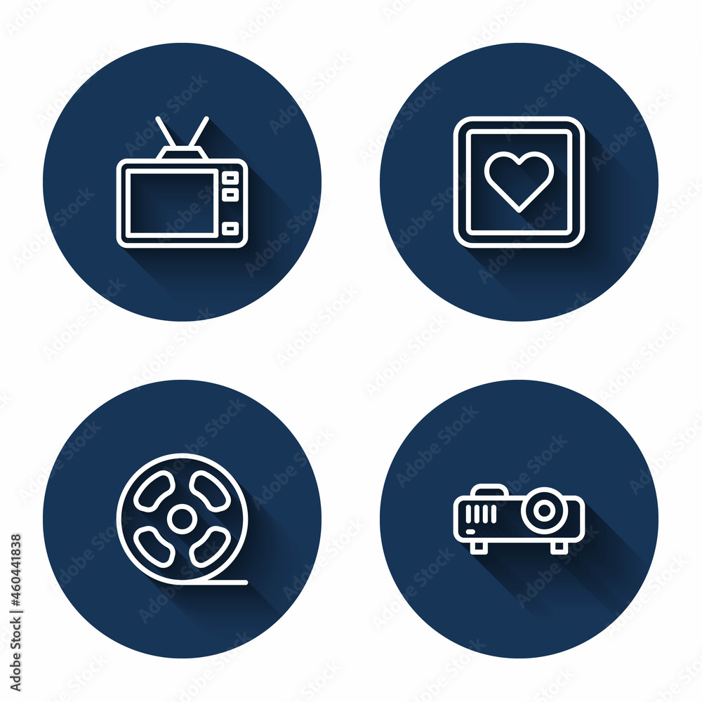 Set line Retro tv, Like heart, Film reel and Movie, film, media projector with long shadow. Blue circle button. Vector Set line Retro tv, Like heart, Film reel and Movie, film, media projector with long shadow. Blue circle button. Vector