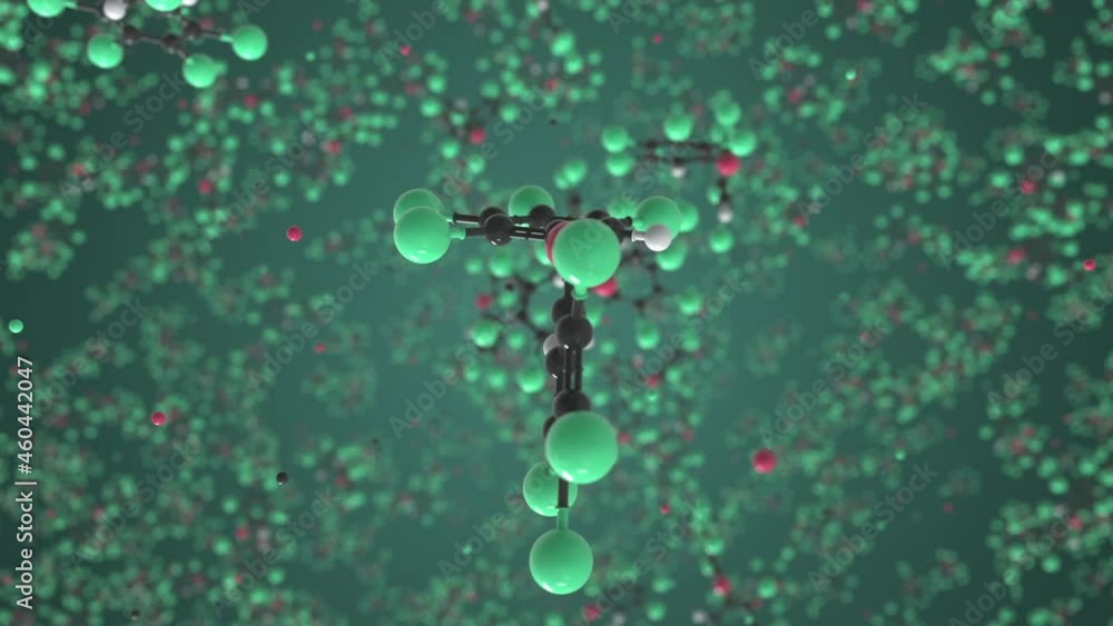 Octabromodiphenyl ether molecule made with balls, conceptual molecular model. Chemical looping 3d animation