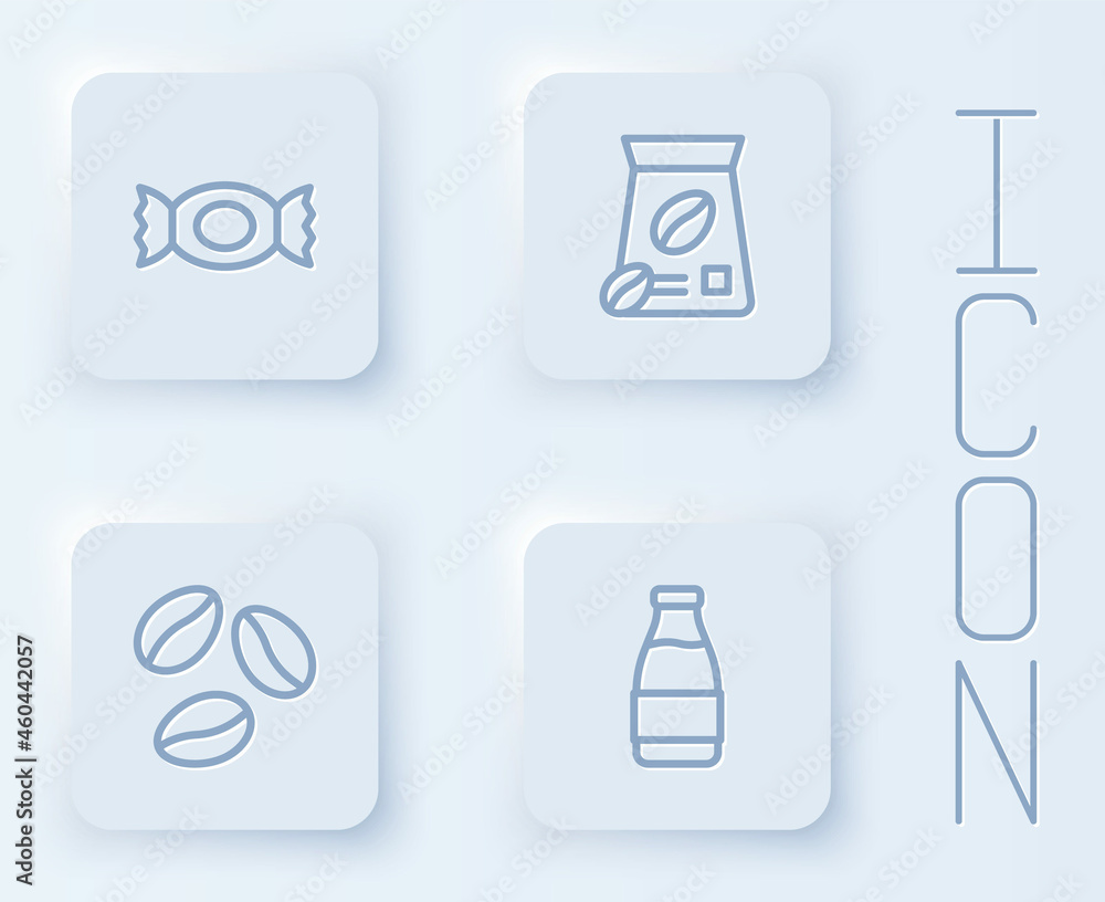 Set line Candy, Bag of coffee beans, Coffee and Milk bottle. White square button. Vector Set line Candy, Bag of coffee beans, Coffee and Milk bottle. White square button. Vector