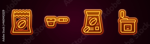 Set line Bag of coffee beans, Coffee filter holder, and Manual grinder. Glowing neon icon. Vector