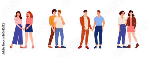 Homosexual couples. Happy lovers on date. Best friends holding hands and hugging.  Set of love couple standing together. Friendship and relationship concept. Flat vector illustration isolated on white