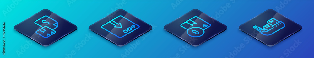 Set Isometric line Carton cardboard box, Waybill, Cargo ship with boxes delivery and icon. Vector Set Isometric line Carton cardboard box, Waybill, Cargo ship with boxes delivery and icon. Vector