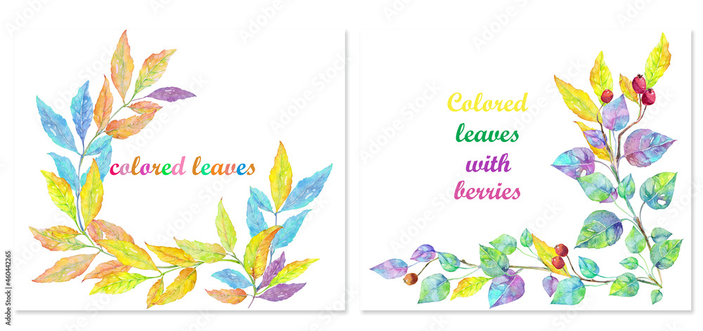 Color postcard. Colored leaves are intertwined. Leaves and berries. Autumn holidays.