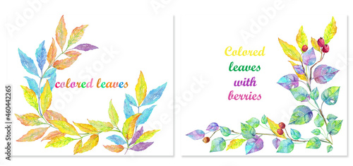 Color postcard. Colored leaves are intertwined. Leaves and berries. Autumn holidays.