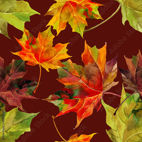 Autumn maple leaves watercolor on dark red background seamless pattern for all prints.