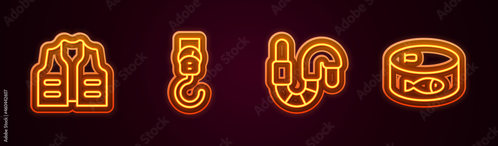 Set line Fishing jacket, Spring scale, Worm and Canned fish. Glowing neon icon. Vector Set line Fishing jacket, Spring scale, Worm and Canned fish. Glowing neon icon. Vector