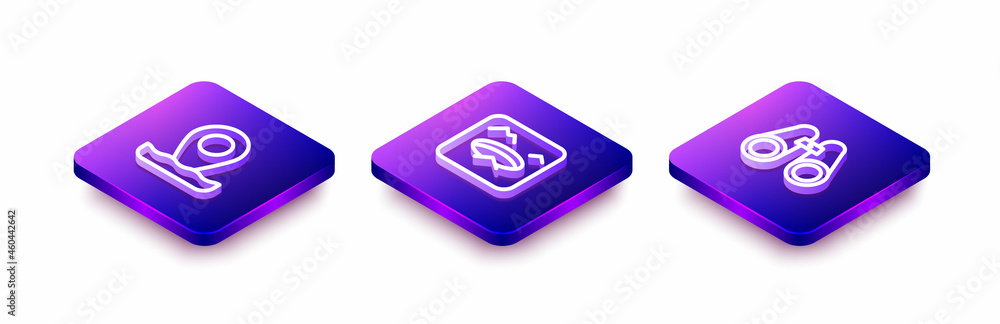 Set Isometric line Location fishing, Winter and Binoculars icon. Vector Set Isometric line Location fishing, Winter and Binoculars icon. Vector
