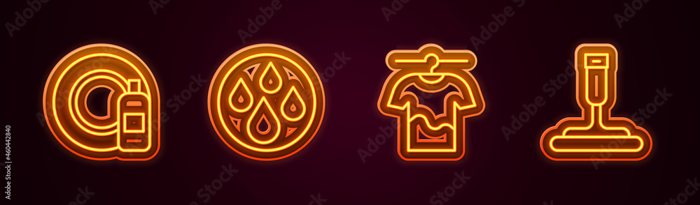 Set line Dishwashing bottle and plate, Water drop, Drying clothes and Rubber cleaner for windows. Glowing neon icon. Vector Set line Dishwashing bottle and plate, Water drop, Drying clothes and Rubber cleaner for windows. Glowing neon icon. Vector