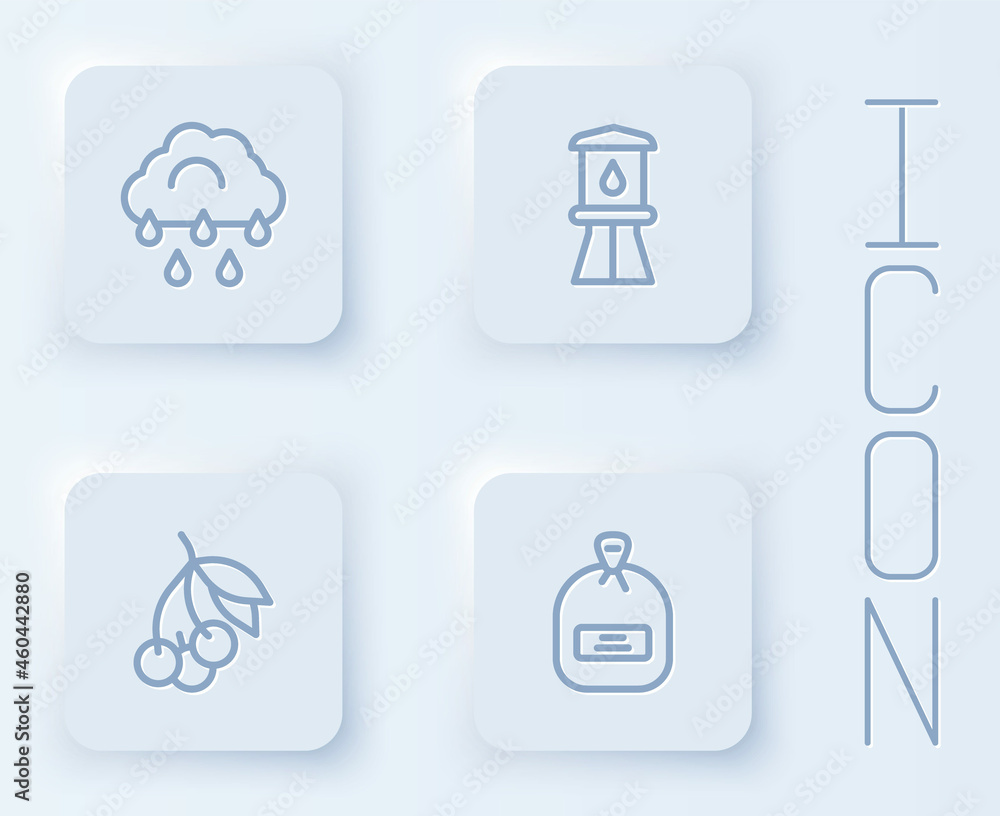 Set line Cloud with rain, Water tower, Fresh berries and Pack full of seeds. White square button. Vector Set line Cloud with rain, Water tower, Fresh berries and Pack full of seeds. White square button. Vector
