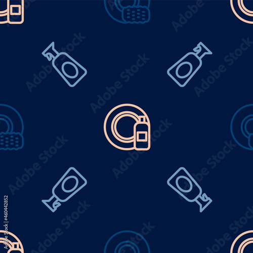 Set line Washing dishes, Cleaning spray with detergent and Dishwashing bottle and plate on seamless pattern. Vector