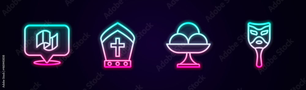 Set line Flag Italy, Pope hat, Ice cream in the bowl and Carnival mask. Glowing neon icon. Vector Set line Flag Italy, Pope hat, Ice cream in the bowl and Carnival mask. Glowing neon icon. Vector