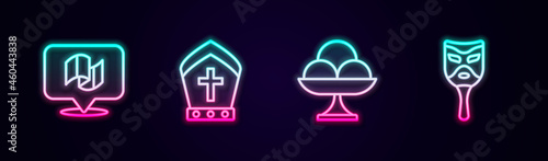 Set line Flag Italy, Pope hat, Ice cream in the bowl and Carnival mask. Glowing neon icon. Vector