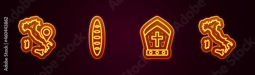Set line Map of Italy, French baguette bread, Pope hat and . Glowing neon icon. Vector