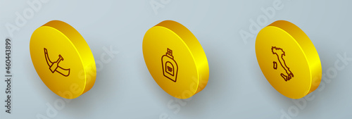Set Isometric line Gondola boat, Perfume and Map of Italy icon. Vector