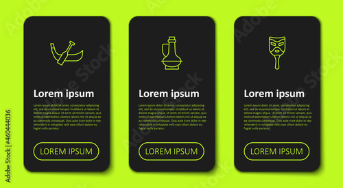 Set line Gondola boat, Bottle of olive oil and Carnival mask. Business infographic template. Vector