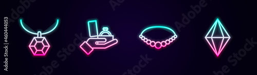 Set line Pendant on necklace, Diamond engagement ring in box, Pearl and Gem stone. Glowing neon icon. Vector