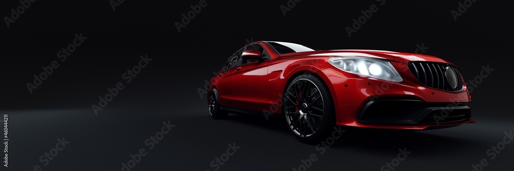 Unmarked metallic red sports car banner parked inside. Studio shot front view with dark background. 