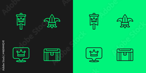 Set line Antique treasure chest, King crown, Medieval flag and Fleur de lys or lily flower icon. Vector