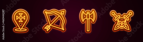 Set line Crusade, Medieval bow and arrow, poleaxe and Skull with sword. Glowing neon icon. Vector