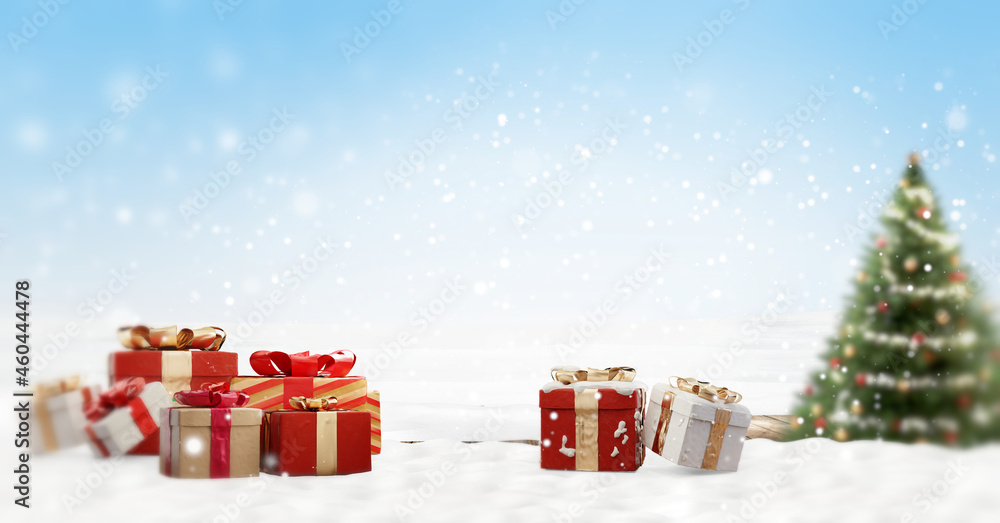 christmas gifts festive snow background. slightly blurred design 3d-illustration