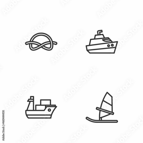 Set line Windsurfing, Cargo ship, Nautical rope knots and Speedboat icon. Vector