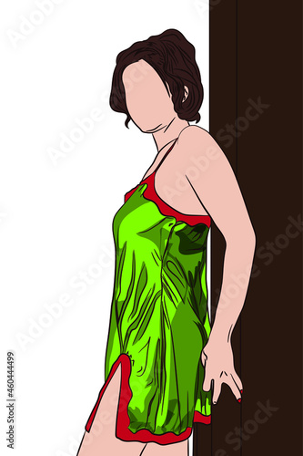 Young woman wearing baby doll lingerie stood leaning against the door hand drawn cartoon illustration