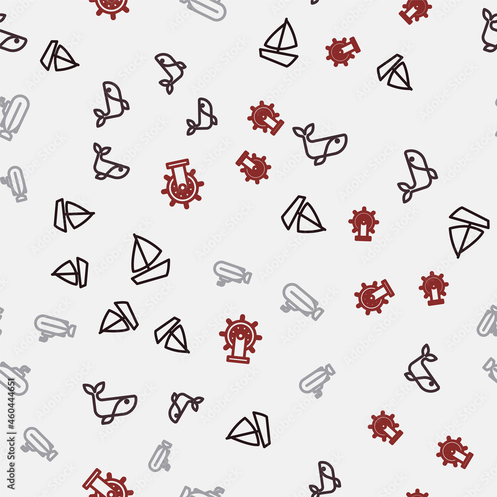 Naklejka premium Set line Yacht sailboat, Whale, Submarine and Ship steering wheel on seamless pattern. Vector