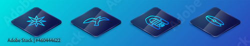 Set Isometric line Inflatable boat with motor, Wind rose, Surfboard and Bird seagull icon. Vector