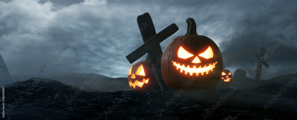 The dark night Halloween, Jack O Lantern on graveyard. 3d rendering - obrazy, fototapety, plakaty 