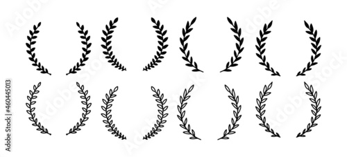 Laurel wreath. Set of outline and silhouette vector hand drawn laurel wreaths isolated on white background. Doodle style. Outline and silhouette floral frames.