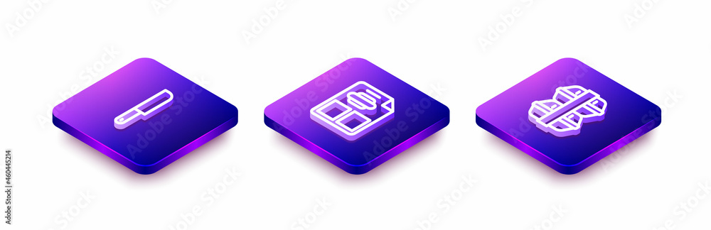 Set Isometric line Knife, Restaurant cafe menu and Lunch box icon. Vector Set Isometric line Knife, Restaurant cafe menu and Lunch box icon. Vector