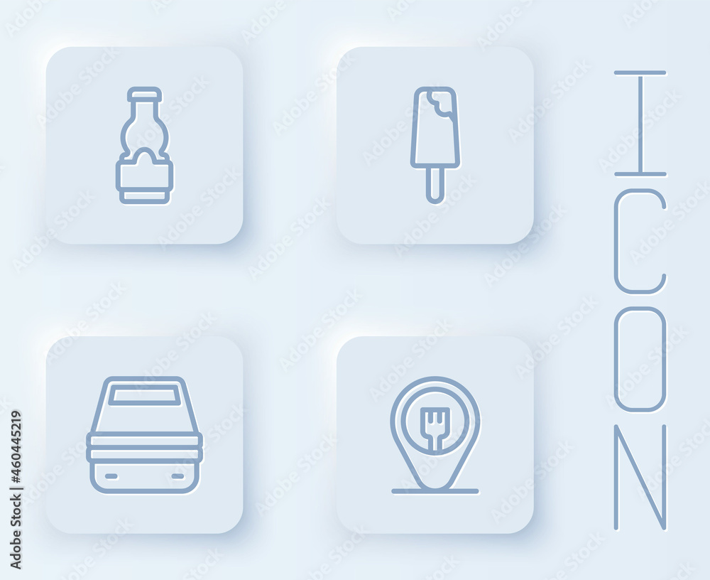 Set line Sauce bottle, Ice cream, Lunch box and Cafe and restaurant location. White square button. Vector Set line Sauce bottle, Ice cream, Lunch box and Cafe and restaurant location. White square button. Vector