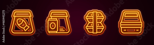 Set line Online ordering fish, food, Lunch box and . Glowing neon icon. Vector