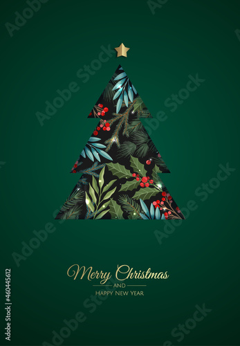 Merry Christmas greeting card with new years tree. Vector holiday illustration.