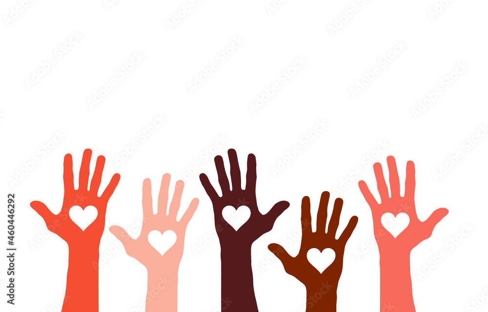 Raised hands in the air with heart shape, volunteer concept vector illustration