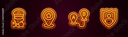 Set line Taxi service rating, Location with star, Route location and Life insurance shield. Glowing neon icon. Vector