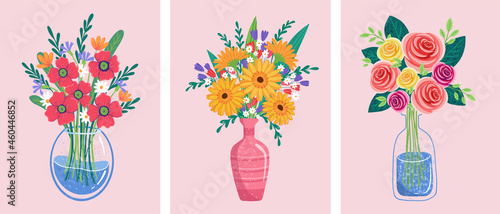 flower bouquets in wrapping and blooming plant. gerberas and chamomile, strawberry. tulip composition. Decorative florist shop item.