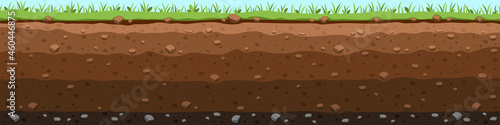 Layer of fertile soil. Cut with grass sections of chernozem and clay layers with stones farm field for planting and plot of virgin vector land photo