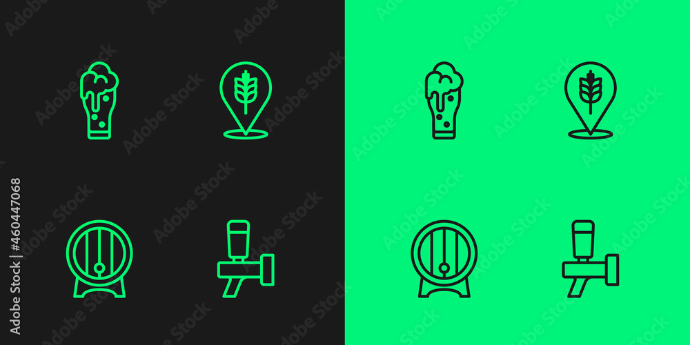 Set line Beer tap, Wooden barrel on rack, Glass of beer and Wheat icon. Vector