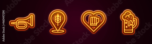 Set line Trumpet, Wheat, Heart with glass of beer and Glass. Glowing neon icon. Vector