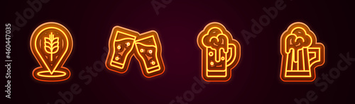Set line Wheat, Glass of beer, and Wooden mug. Glowing neon icon. Vector
