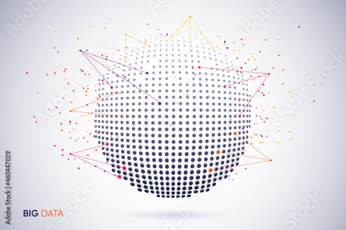 Global big digital data collection with analytics. Abstract globe planet with triangular diagrams protruding from online coded vector particles