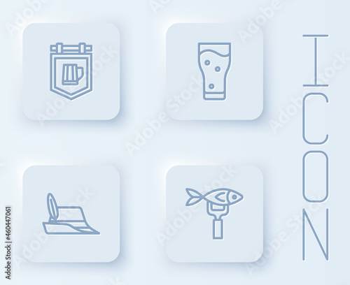 Set line Street signboard with beer, Glass of, Oktoberfest hat and Dried fish. White square button. Vector