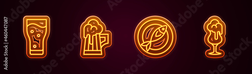 Set line Glass of beer, Wooden mug, Dried fish and . Glowing neon icon. Vector